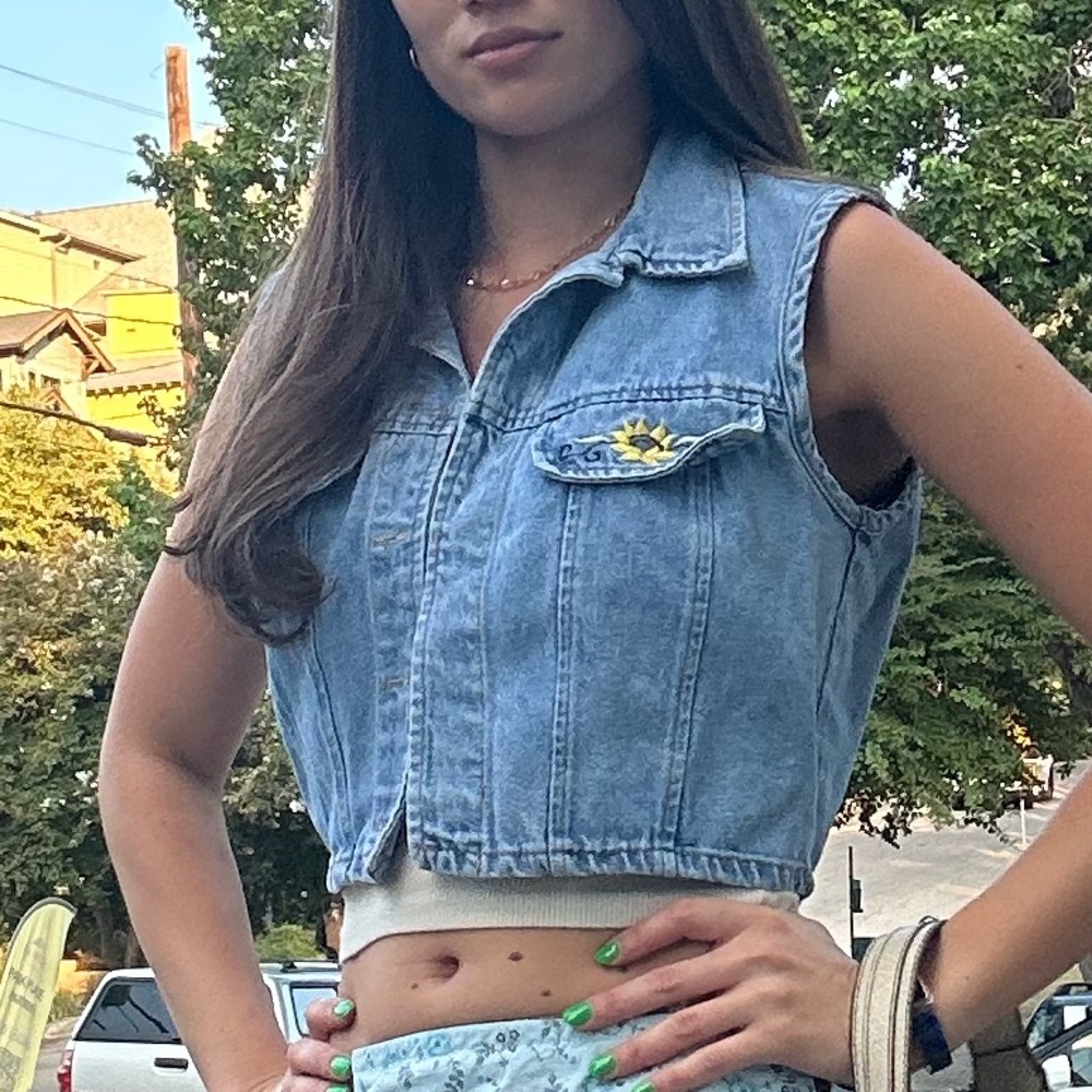 90s Light Blue Sunflower Denim Vest